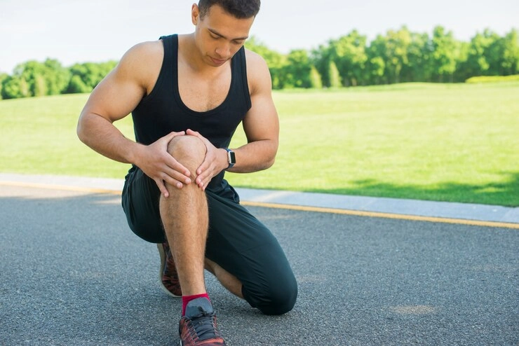  گرفتگی عضلات - مرد جوان ورزشکار با بدن عضله ای در حال گرفتن زانوی خود به حالت نشسته
