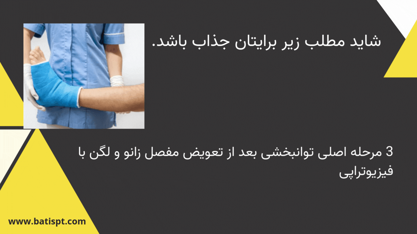 بنر آموزشی کلینیک باتیس درباره مراحل اصلی توانبخشی بعد از تعویض مفصل زانو و لگن با فیزیوتراپی.