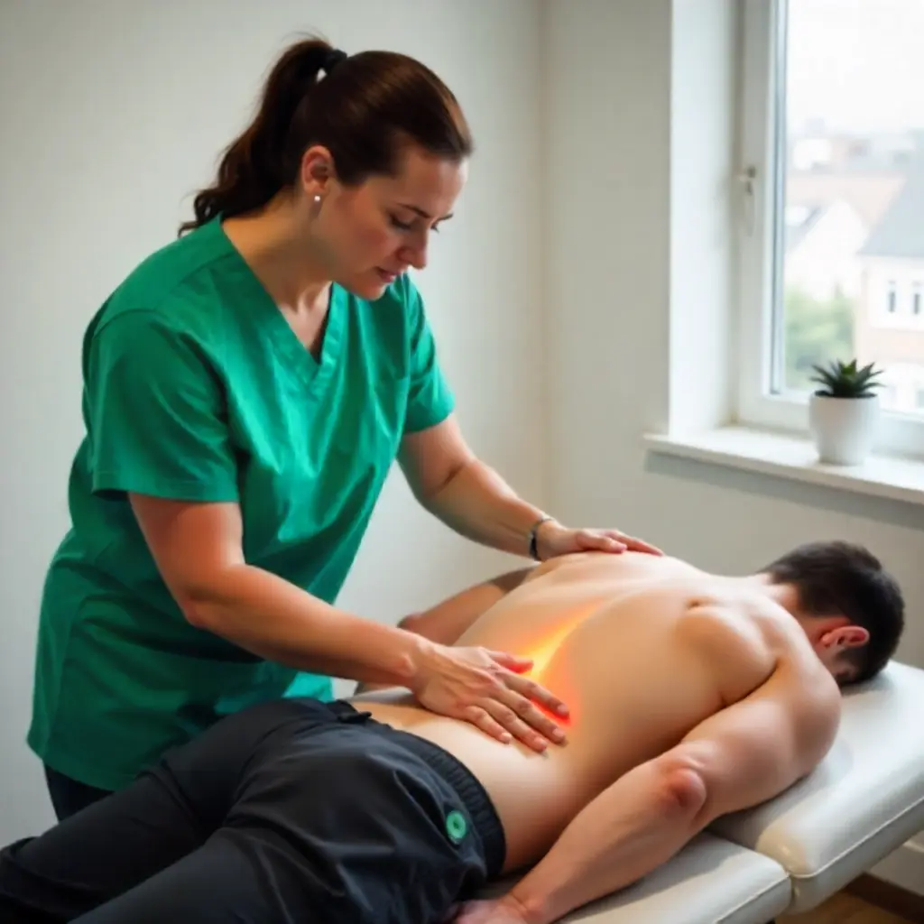 درمان فیزیوتراپی سیاتیک با تکنیک‌های دستی و لیزرتراپی روی عضلات کمری بیمار.