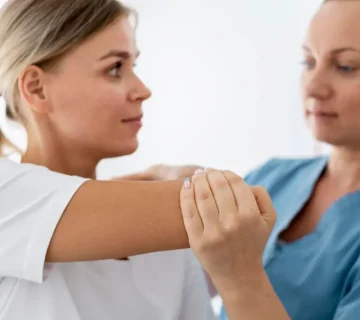 «فیزیوتراپیست در حال ارزیابی و حرکت‌دادن مفصل آرنج بیمار؛ بخشی از روند تخصصی فیزیوتراپی تنیس البو و گلف البو برای کاهش درد و بهبود عملکرد ساعد.»