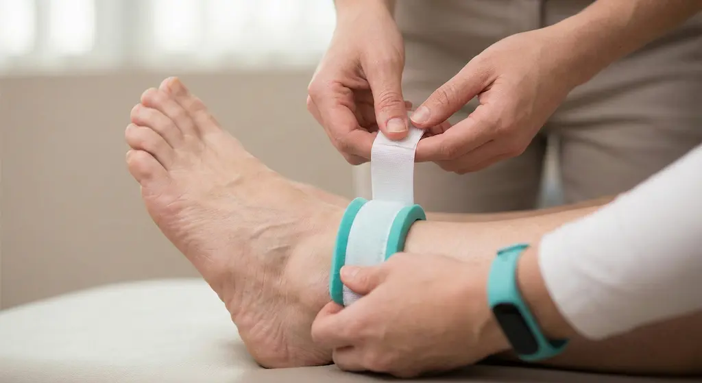 باندپیچی و حمایت مچ پا در فیزیوتراپی خار پاشنه برای کاهش فشار روی پاشنه و بهبود روند درمان درد کف پا