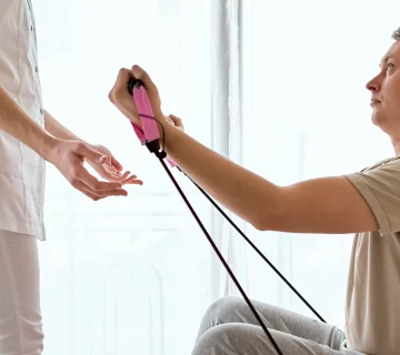 تمرین تقویتی با کش مقاومتی برای افزایش دامنه حرکتی با فیزیوتراپی خشکی مفاصل تحت نظر فیزیوتراپیست
