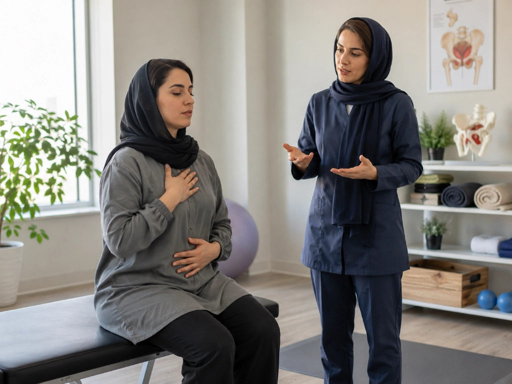 مشاوره فیزیوتراپی برای یبوست و کف لگن و بررسی علائم بیمار در کلینیک